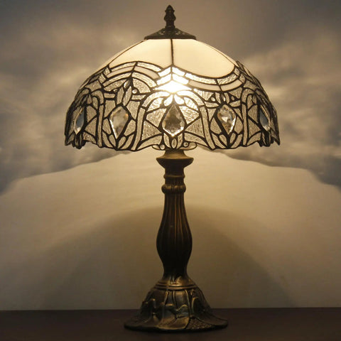 Tiffany Style Stained Glass Table Lamp With White Bent Shade 12 Inch Shade 18 Inch Tall Lit Bedside Desk Reading Light