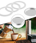 Replacement Filter And Three Silicone Gasket Seals For Aluminum Moka Pot And Stovetop Espresso Makers Included Stainless Steel Filter Durable Seals For 2 To 12 Cup Pots Easy Upgrade To Keep Your Brew Fresh On Point image showing gaskets and filter with espresso pot.