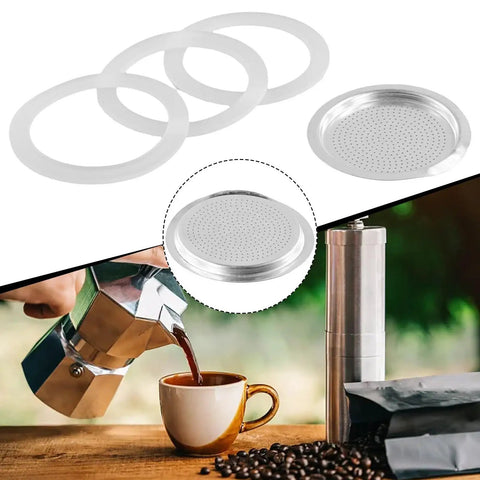 Replacement Filter And Three Silicone Gasket Seals For Aluminum Moka Pot And Stovetop Espresso Makers Included Stainless Steel Filter Durable Seals For 2 To 12 Cup Pots Easy Upgrade To Keep Your Brew Fresh On Point image showing gaskets and filter with espresso pot.