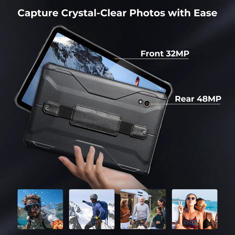 Built Solid Android 14 Rugged Tablet With 8.68 Inch Display Featuring GPS For UTV Off Road Adventures showing front and rear cameras.