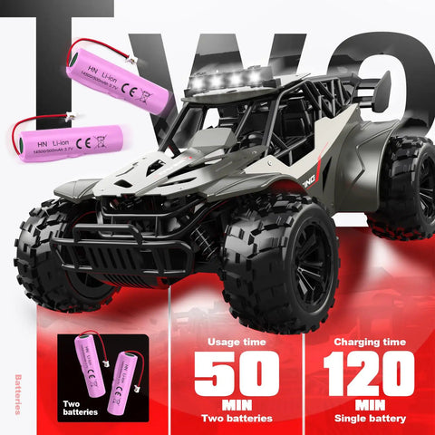 Monster RC Truck with 2.4 GHz Remote Control, Metal Shell, Top Speed 20 KmH, LED Headlights, showing dual rechargeable batteries.