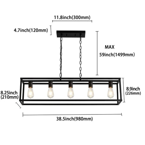 Farmhouse Black Five Light Linear Pendant Light For Kitchen Island And Dining Room, Cage Ceiling Fixture With Adjustable Chains