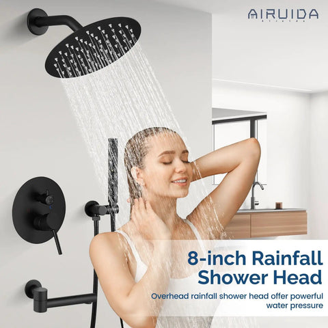 Woman under Matte Black Shower System With 8 Inch Round Rain Shower Head 3 Function Faucet Tub Spout Handheld Spray