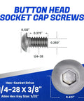 Badass 1/4-28 X 3/8 Button Head Socket Cap Screws Cut From 18-8 Stainless Steel With Full Threading And Allen Key Drive measures 0.437".
