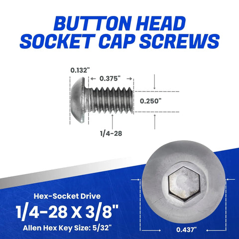 Badass 1/4-28 X 3/8 Button Head Socket Cap Screws Cut From 18-8 Stainless Steel With Full Threading And Allen Key Drive measures 0.437".
