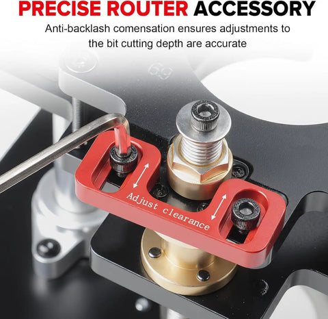 Heavy Duty Aluminum Killer Precision Router Lift System With Dead Tight Height Adjustments Down To One Sixty Fourth Inch For No Slope Woodworking Inserts showing adjust clearance feature.