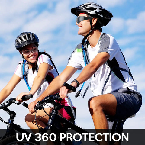 Two people cycling outdoors wearing helmets and sunglasses under UV 360 Protection.