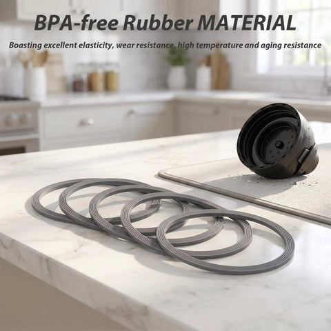 8 Pack Rubber Water Bottle Seal Replacement For FreeSip 19oz 24oz 25oz 32oz 40oz Lids Gaskets O Ring Set Silicone BPA Free Leak Proof Direct Replacement For Leaky Or Worn Seals gray silicone rings with black lid insert on kitchen counter