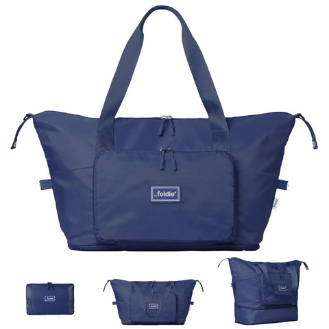 Foldable Travel Tote Bag For Women, 40L Weekender Duffel With Multiple Pockets And Luggage Sleeve, Airline Approved, Navy Blue