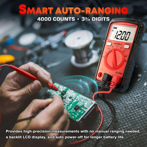 Technician using All Purpose Digital Multimeter 4000 Counts Auto Range With Non Contact Voltage Meter on a circuit board.