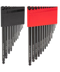 Ball End Hex L Key Set 28 Piece With Inch And Metric Sizes in red and black holders showing high leverage keys