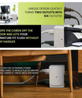 Six Outlet Side Mount Wall Tap Adapter White, heavy duty hub shown in tight spaces behind furniture keeping cords tidy.