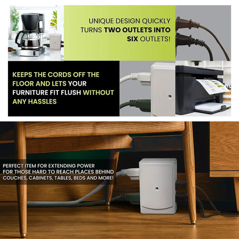 Six Outlet Side Mount Wall Tap Adapter White, heavy duty hub shown in tight spaces behind furniture keeping cords tidy.