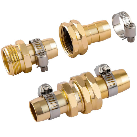 Five Pack Garden Hose Repair Connector Kit With Clamps For 3/4 Inch Or 5/8 Inch Hoses Includes Pro Grade 10 Heavy Duty Aluminum Clamps, And Extra Rubber Gasket For Easy Leak Repair. Includes male and female connectors.