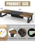 Heavy Duty Dual Monitor Stand Riser In Wood And Steel With Rustic Brown Finish, Multi Purpose Desktop Storage dimensions shown