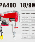 Electric hoist winch with red metal housing, steel rope and hook, 440/880 lb lifting capacity, remote control.