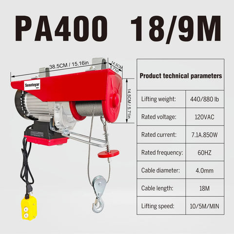 Electric hoist winch with red metal housing, steel rope and hook, 440/880 lb lifting capacity, remote control.