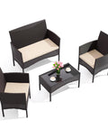 4 Piece Wicker Patio Furniture Set With Cushions, Outdoor Conversation Set With Loveseat, Two Chairs, And Glass Coffee Table