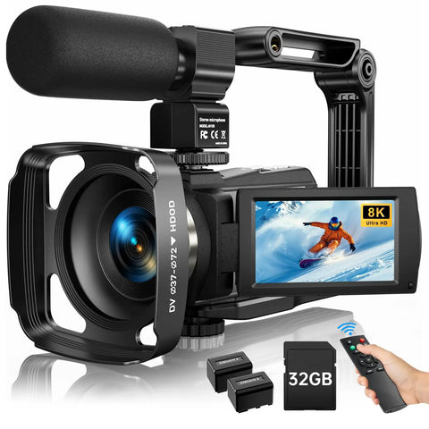 Dope 8K Camcorder With 88MP Ultra HD Video, 18X Digital Zoom, WiFi Vlogging Camera, external mic, remote, and 32GB card displayed