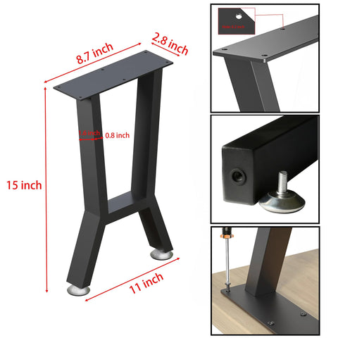 Front view of YCCO black H-shaped 15-inch metal table legs, 2 pcs, with top mounting plate for dining tables or benches.