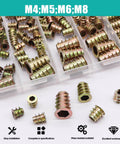 100Pcs Wood Threaded Inserts Kit In Six Sizes M4x8 M4x10 M5x10 M6x10 M6x15 M8x20 Hex Socket Drive Furniture Cabinet Screws