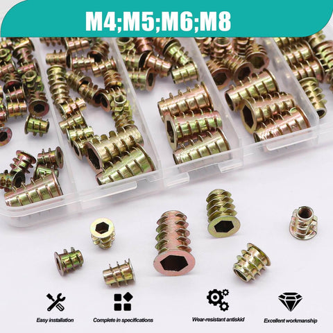 100Pcs Wood Threaded Inserts Kit In Six Sizes M4x8 M4x10 M5x10 M6x10 M6x15 M8x20 Hex Socket Drive Furniture Cabinet Screws