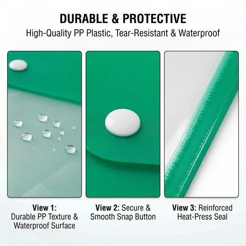 Close-up of Expandable 11 Hole File Pockets For School And Office showing waterproof plastic, snap button, and heat-press seal.