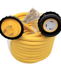 Coiled RV Shore Power Extension Cord 50 Ft L5-30 Twist Lock 30A with yellow cover and black collar, marine grade.