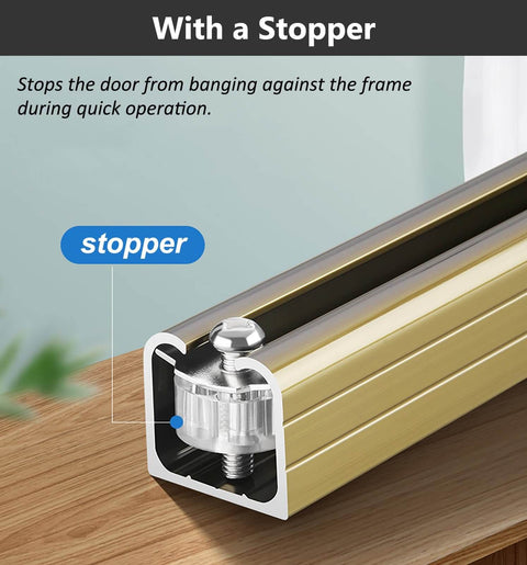 Ceiling Mounted Sliding Door Track Kit With Bypass Pocket Hardware, stop mechanism close-up, black 1.85mm aluminum track.