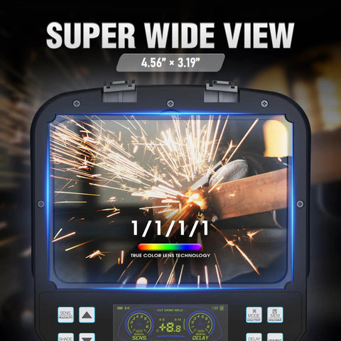 Workhorse Smart Auto Darkening Welding Helmet With Large View Screen True Color Display And Memory Easy Arc Sensor Auto Shade Fully Adjustable Shade Range From 3 To 14 For MIG TIG Stick Tack Grinding And Cutting, showing sparks in wide screen.