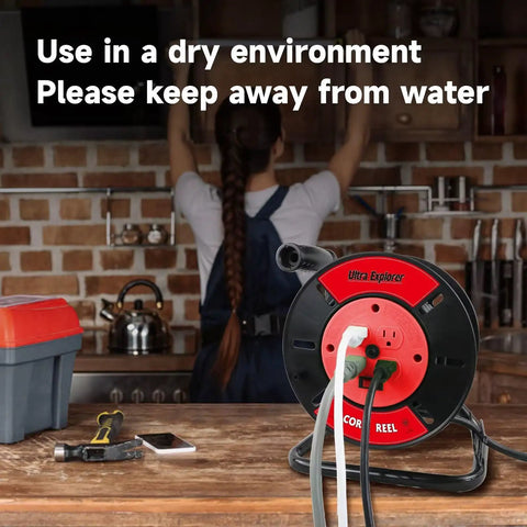 Open Cord Reel With Four Grounded Outlets, Heavy Duty Portable Hand Crank Power Cord Roller Organizer in kitchen setting