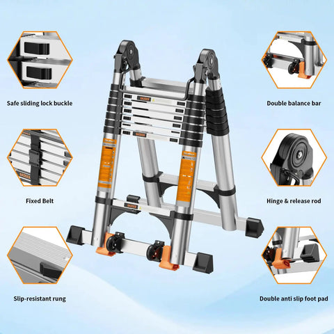Pro Grade Telescoping A Frame Ladder 16.5 Foot With Dual Locks And Triangular Stabilizers, ANSI EN131 Safety Certified, 330 lbs Capacity, Wide Anti Slip Rungs, Reinforced Feet For Rock Solid Stability On Every Step. folded aluminum ladder with dual locks and anti-slip feet