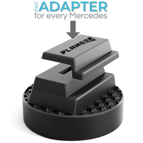 Daimnd Heavy Duty Rubber Jack Pad for Mercedes Benz and German Cars showing adapter for trolley jacks and vehicle lifts