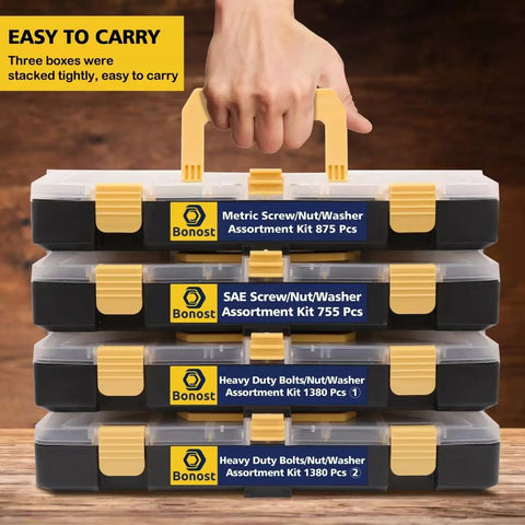 Stacked Grab And Go 3010 Piece Hardware Assortment Kit With SAE And Metric Phillips Bolts Grade 8.8 Metric Hex Bolts Matching Nuts