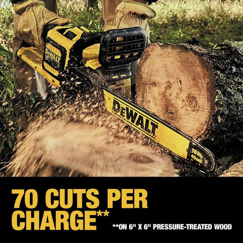 60V Max Brushless Chainsaw Kit with 16 Inch Oregon Bar cuts through logs, highlighting auto oiling and tool free chain tensioning.