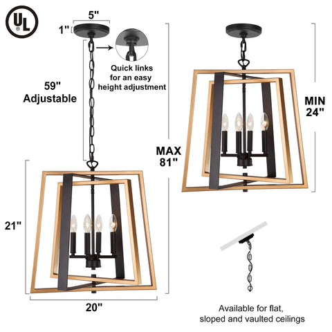 Black And Gold Farmhouse Pendant Light With Free Swinging Arms, Modern 20 Inch Wide Chandelier with adjustable chain and iron lights