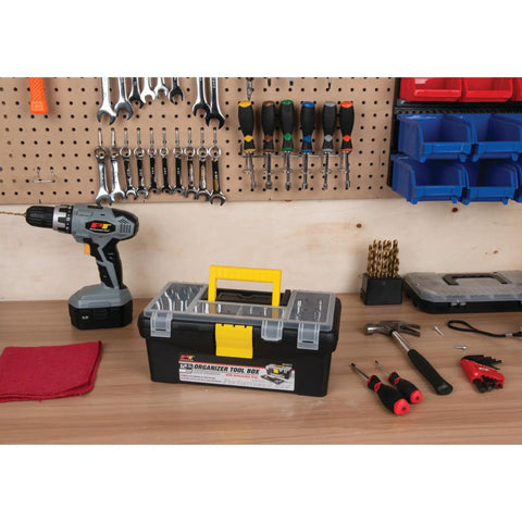 Heavy Duty Plastic Organizer Box For Workshops And Garages With Removable Tray And Lid Durable Tool Storage Solution In Black 12 Inch on workbench