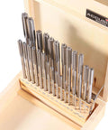 Angled front view of Accusize 29pc H.S.S. chucking reamer set in wooden case, 1/16–1/2 in by 1/64 in increments
