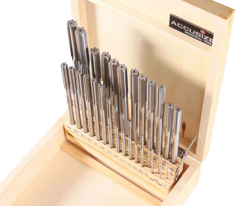 Angled front view of Accusize 29pc H.S.S. chucking reamer set in wooden case, 1/16–1/2 in by 1/64 in increments