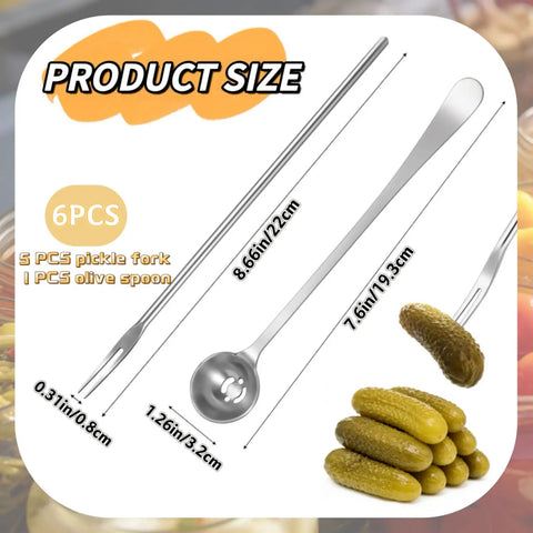 Six-Piece Pickle Fork Set With 8.66-Inch Long-Handle Olive Forks And Spoons With Drain Holes, Stainless Steel Jar Grabbers.