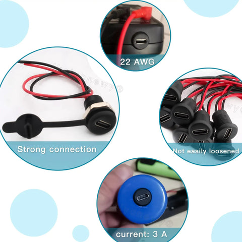 Type C Female 2 Pin Waterproof USB C Pigtail Connector Kit 22 AWG Wire 3A Chassis Socket Plug Durable Locking Design