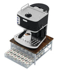 Rustic Wood And Metal Coffee Pod Holder With Sliding Drawers, 72 Pod Storage Organizer, black coffee maker on top, silver finish.