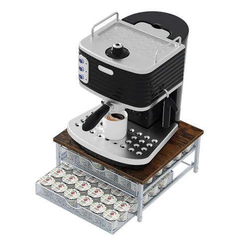 Rustic Wood And Metal Coffee Pod Holder With Sliding Drawers, 72 Pod Storage Organizer, black coffee maker on top, silver finish.