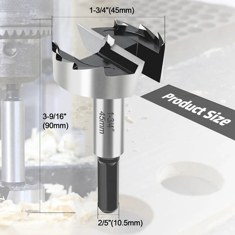 Close-up of Heavy Duty 1 And 3/4 Inch Forstner Drill Bit Crafted From Tough As Nails 5140 Steel featuring hex shank.
