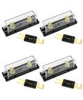 250A Inline ANL Fuse Holder Pack Of 4 For Car Audio Amplifiers, 0, 2, And 4 Gauge Wiring, Corrosion Resistant Terminals, High Temp ABS Base, Crystal Clear Lid For Quick Fuse Status, Includes 2 Mounting Holes, four holders with fuses