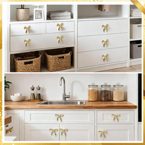 Gold Bow Dresser Knobs 4 Pack Zinc Alloy Cabinet Hardware Brushed Brass Drawer Pulls For Kitchen Cabinets And Bedroom Decor Dope Vintage Style Upgrade on white drawers, 55mm zinc alloy