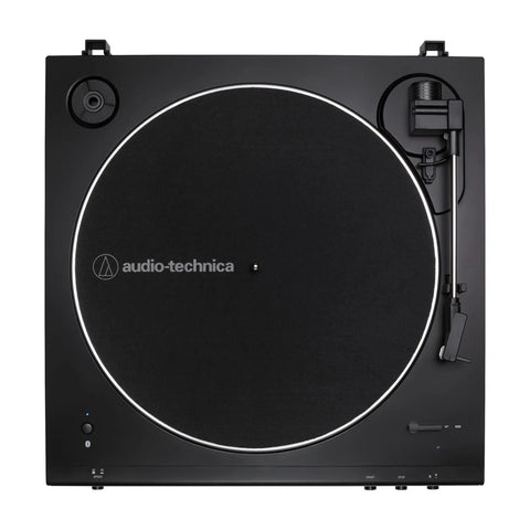 Audio-Technica Black Belt Drive Turntable Features Wireless Bluetooth High Fidelity Stereo Sound Automatic Operation top view with black platter
