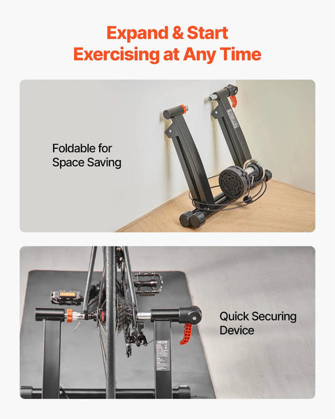 Foldable Magnetic Bike Trainer With Six Level Resistance Fits 26 To 29 Inch And 700C Road Wheels in folded and setup positions