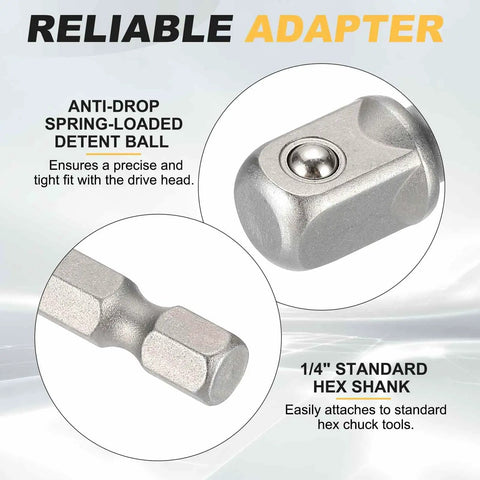 Four Piece One Quarter Inch Square Drive Socket Adapters Set For Impact Drivers And Drills, anti-drop detent ball