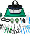 25 Piece Succulent And Bonsai Tools Set For Beginners Indoor Plant Care Kit With Repotting Mat Organizer Tote Soil Moisture Meter Pruning Shears Mini Garden Tools A Must Have Gift For Women And Men; tools arranged on white background
